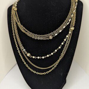 Vintage Golden Tone Multi Chain Necklace Faux Pearl Round and Oval Beaded Chain